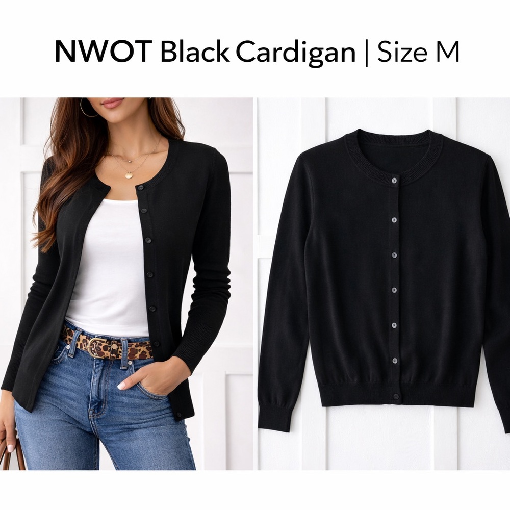 Black Button-Front Cardigan Sweater | Lightweight Stretch | Size M